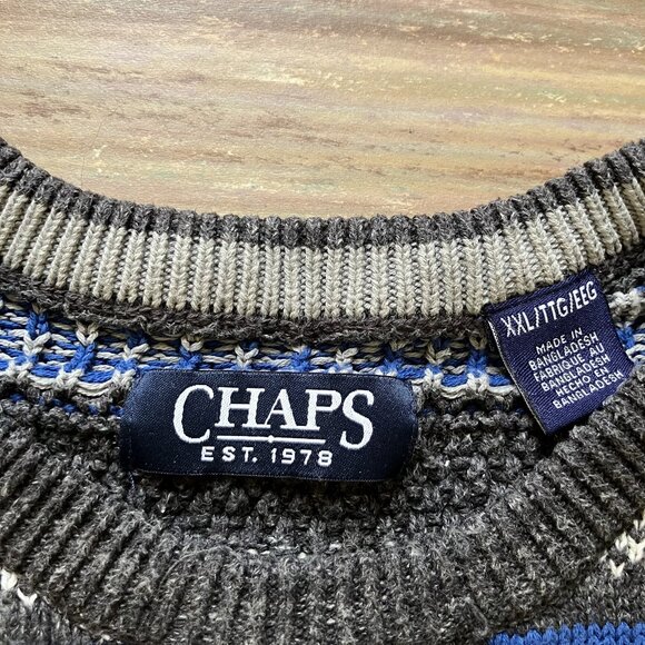 Chaps Holiday Knit Pullover Sweater Dog Fair Isle Grey/Blue CottonBlend Mens XXL - Picture 3 of 6
